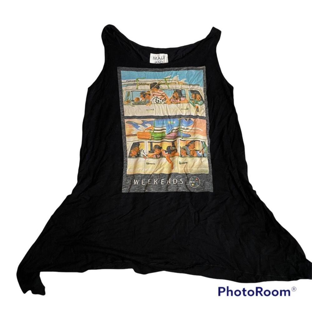 MAUI AND SONS Large Black Flowy Tank Top Beach‎ Vintage Graphic Top Blouse Soft